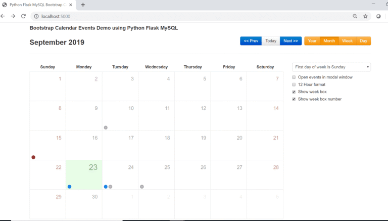 Bootstrap Calendar Events Demo using Python Flask MySQL - Roy Tutorials